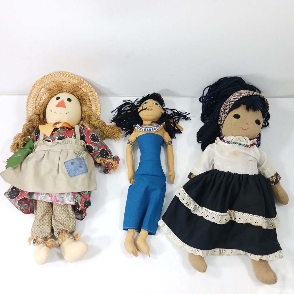 Vintage Handmade Cloth Doll Lot 3pc Scarecrow Folk Art Egyptian Style Decor
